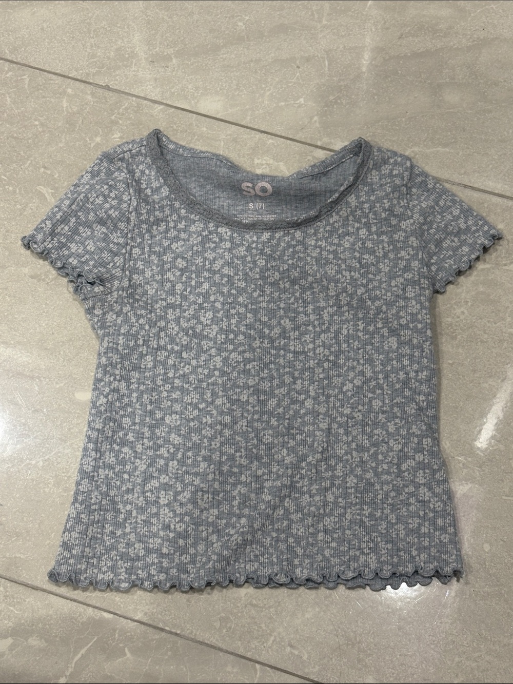 SO Blue Heathered Floral Ribbed Short Sleeve Tee